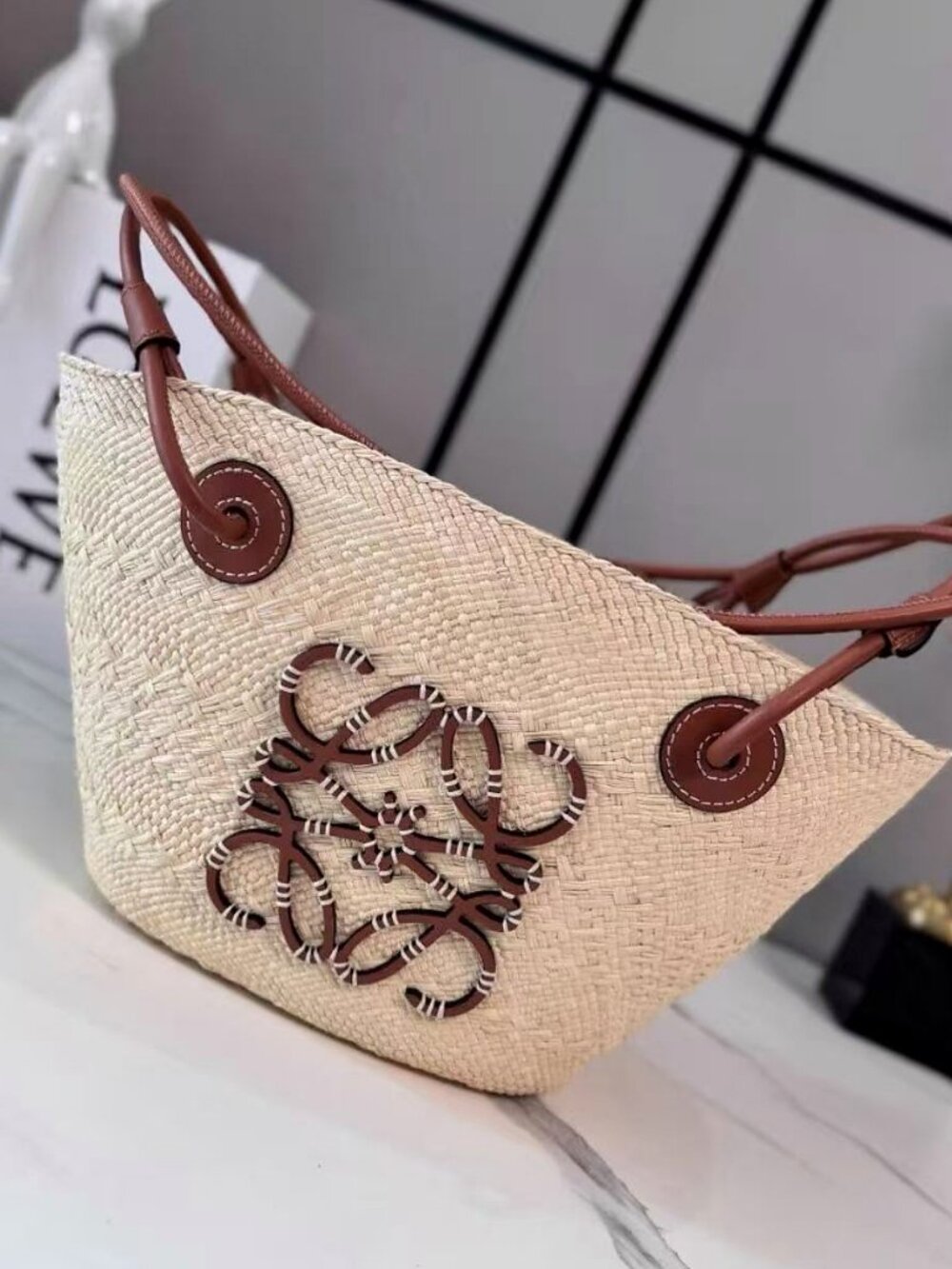 Loewe Gentle Natural Raffia Leather Anagram Woven Large Tote Basket Bag